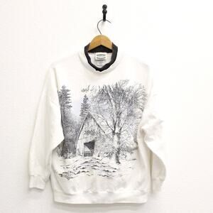 Vintage Winter Country Barn Snow Scene Sweatshirt Large